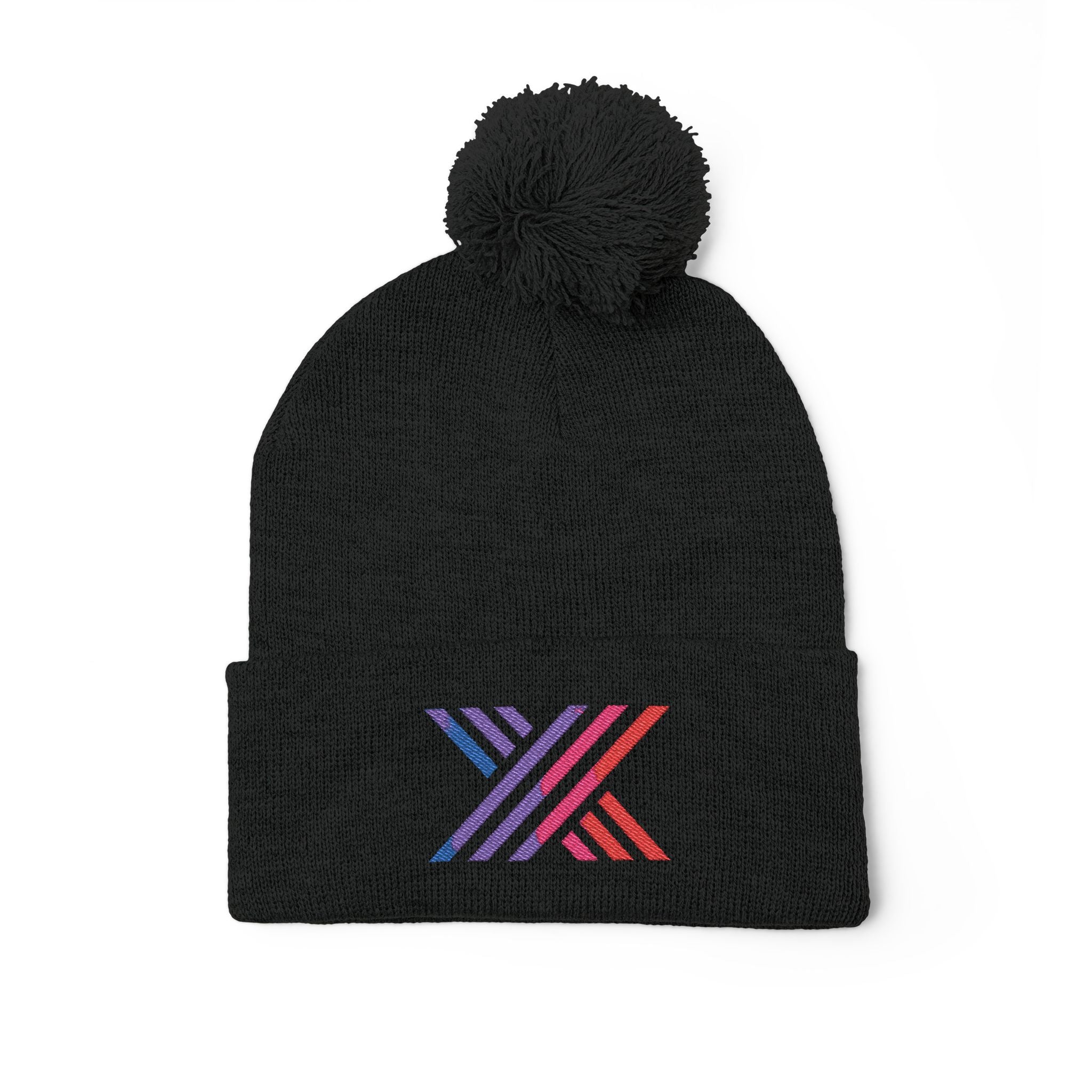 Pom-Pom Beanie — Embroidered Fold-Over Knit Hat