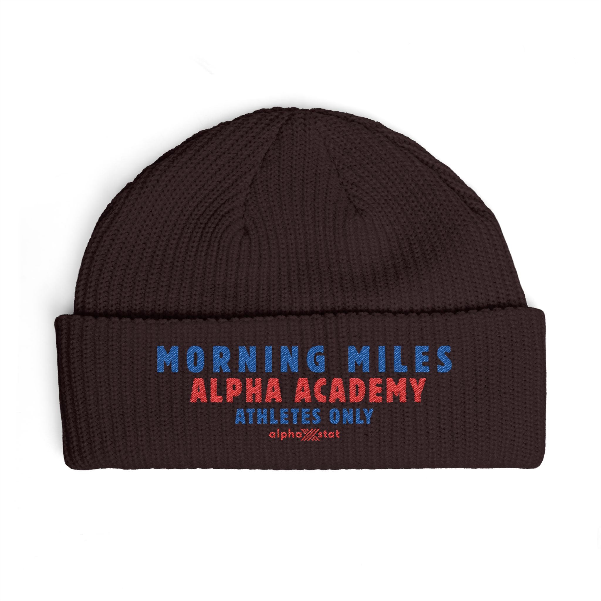 Cuff Beanie — "Morning Miles Alpha Academy" Embroidered Athletic Beanie