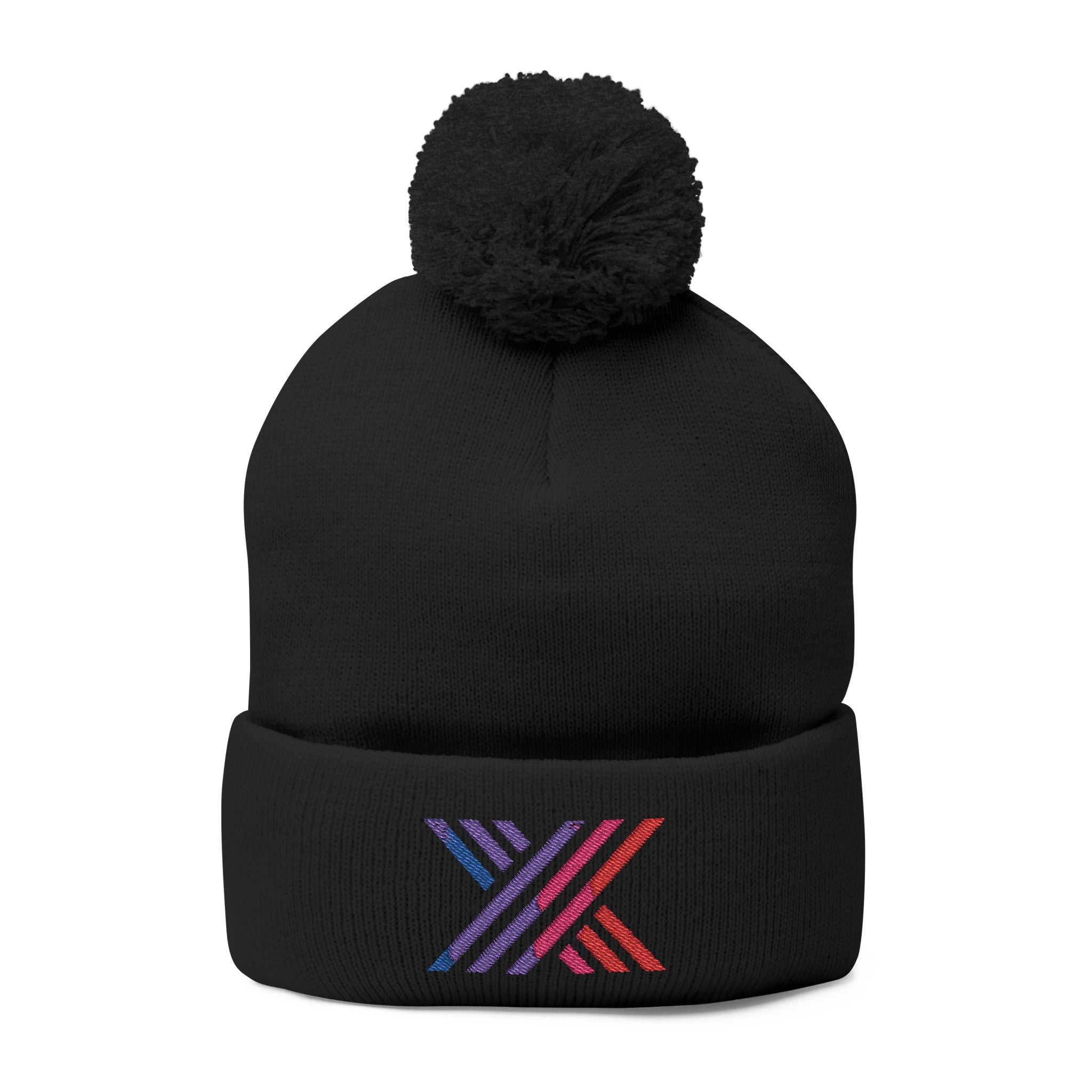 Pom-Pom Beanie — Embroidered Fold-Over Knit Hat