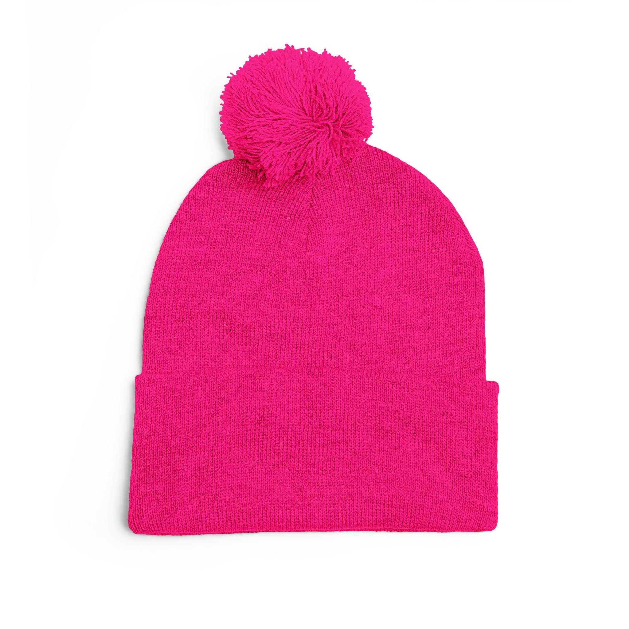 Pom-Pom Beanie — Embroidered Fold-Over Knit Hat