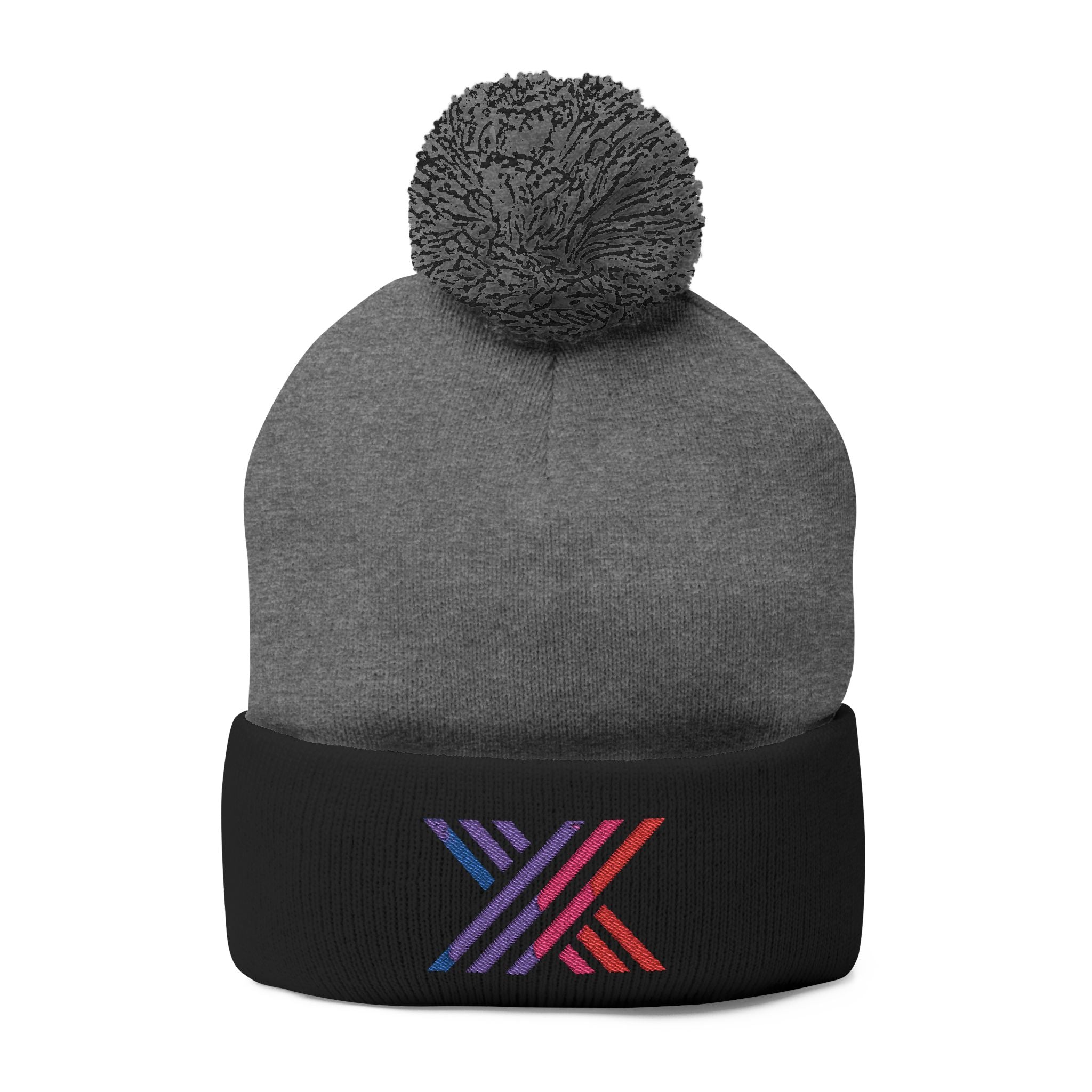 Pom-Pom Beanie — Embroidered Fold-Over Knit Hat