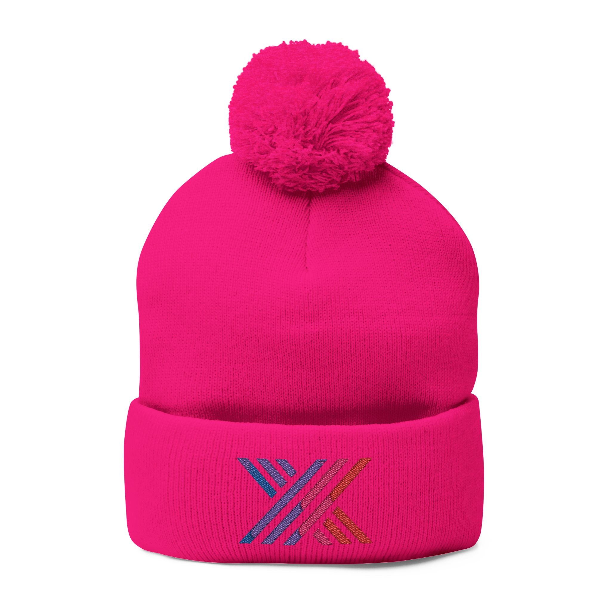 Pom-Pom Beanie — Embroidered Fold-Over Knit Hat
