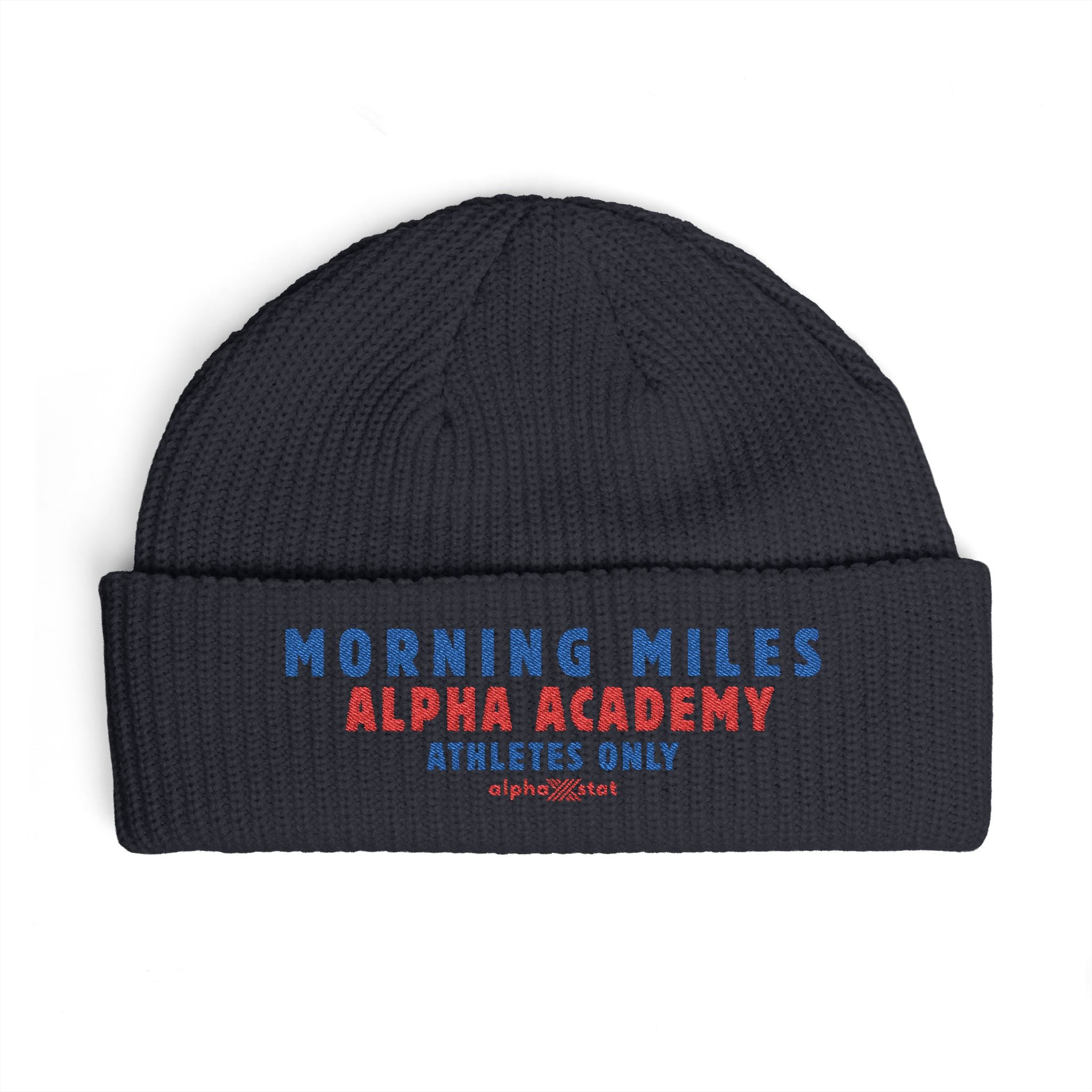 Cuff Beanie — "Morning Miles Alpha Academy" Embroidered Athletic Beanie