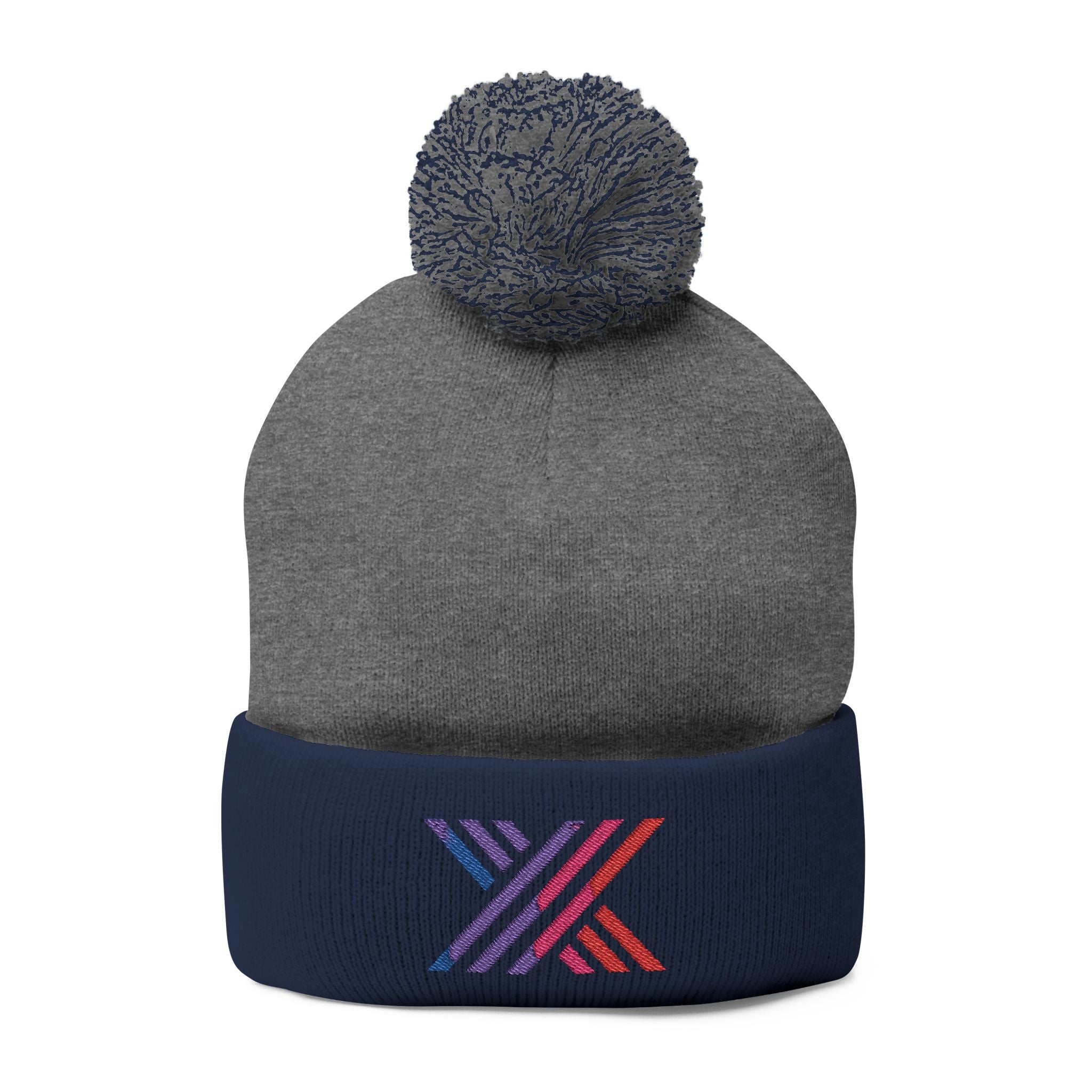 Pom-Pom Beanie — Embroidered Fold-Over Knit Hat