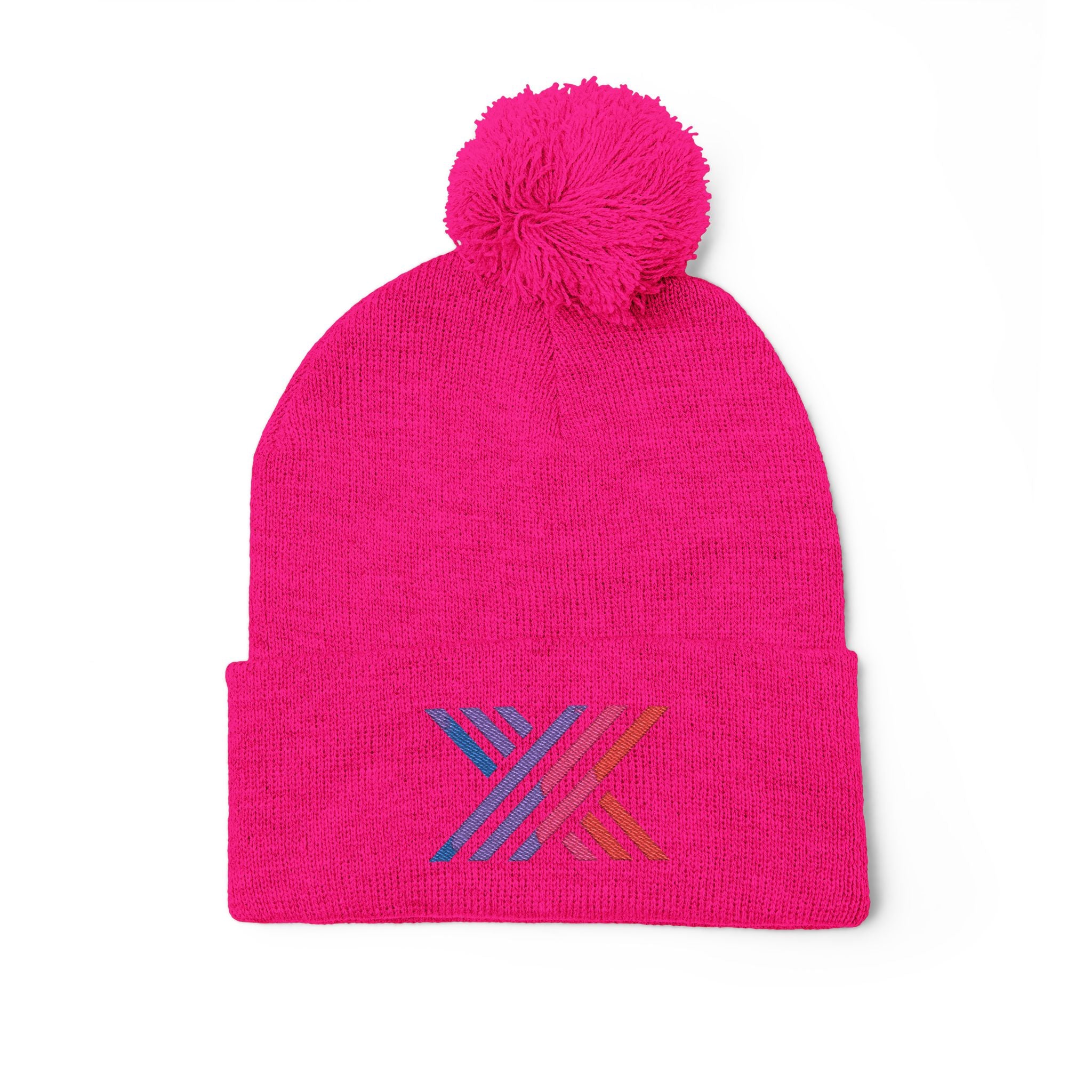 Pom-Pom Beanie — Embroidered Fold-Over Knit Hat