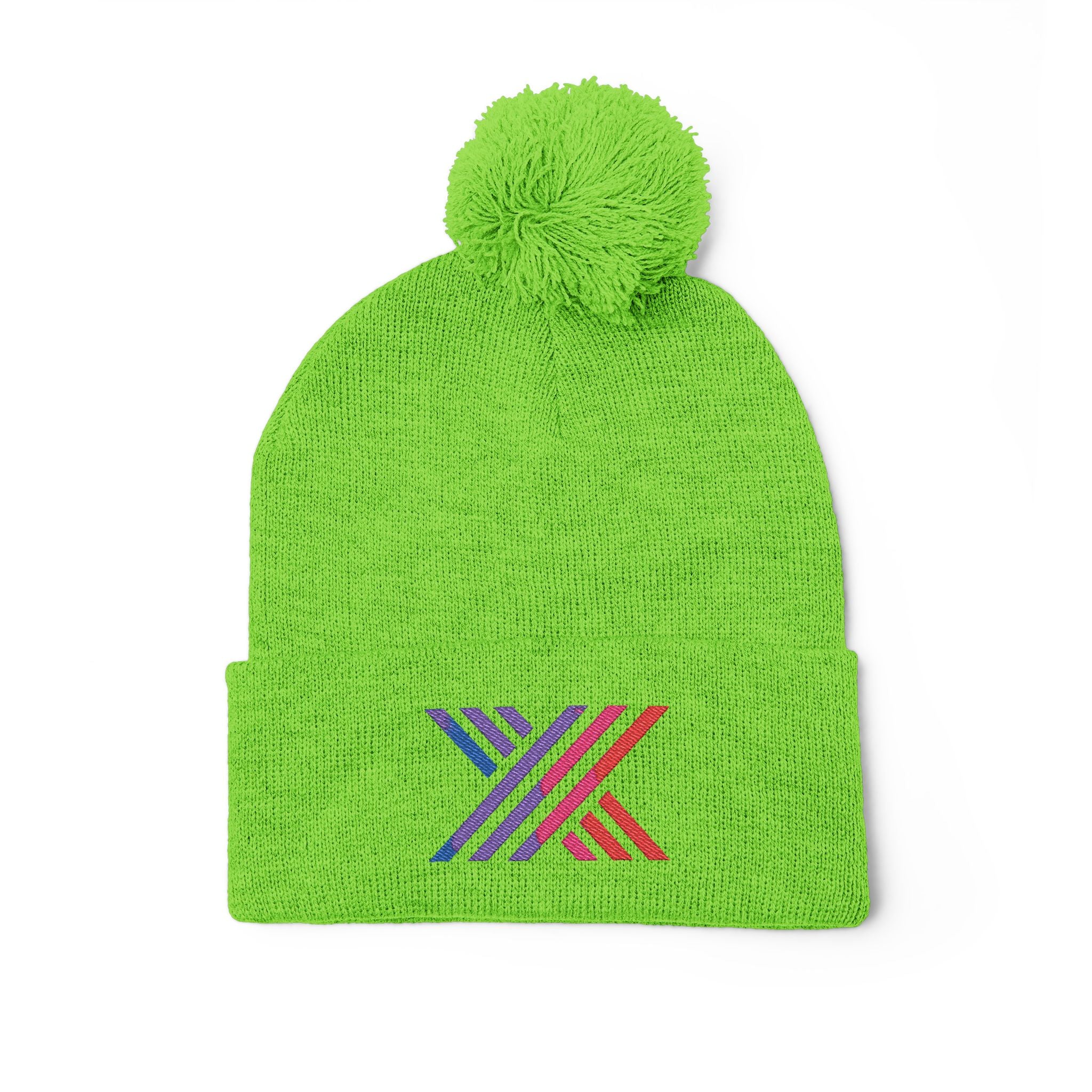 Pom-Pom Beanie — Embroidered Fold-Over Knit Hat