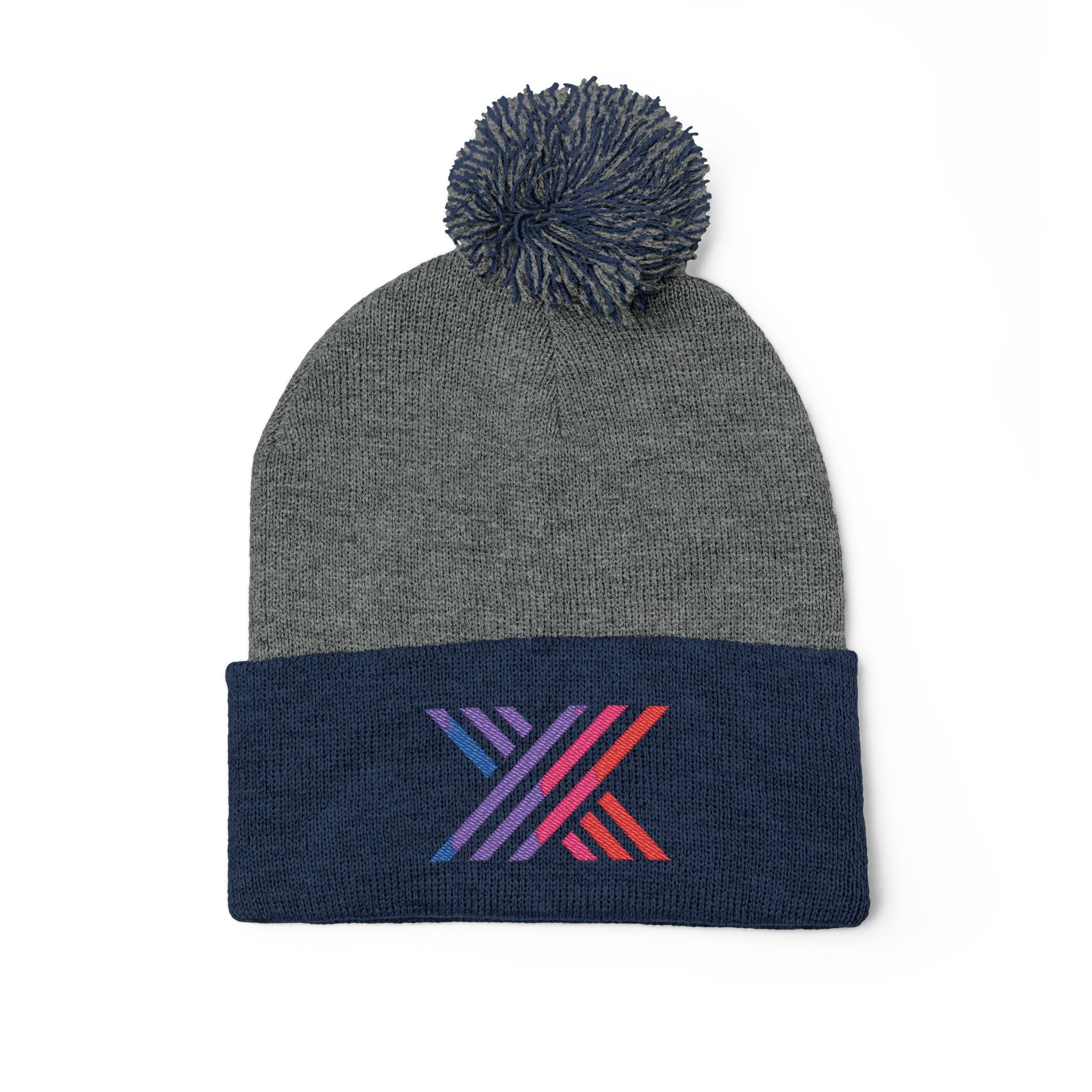 Pom-Pom Beanie — Embroidered Fold-Over Knit Hat