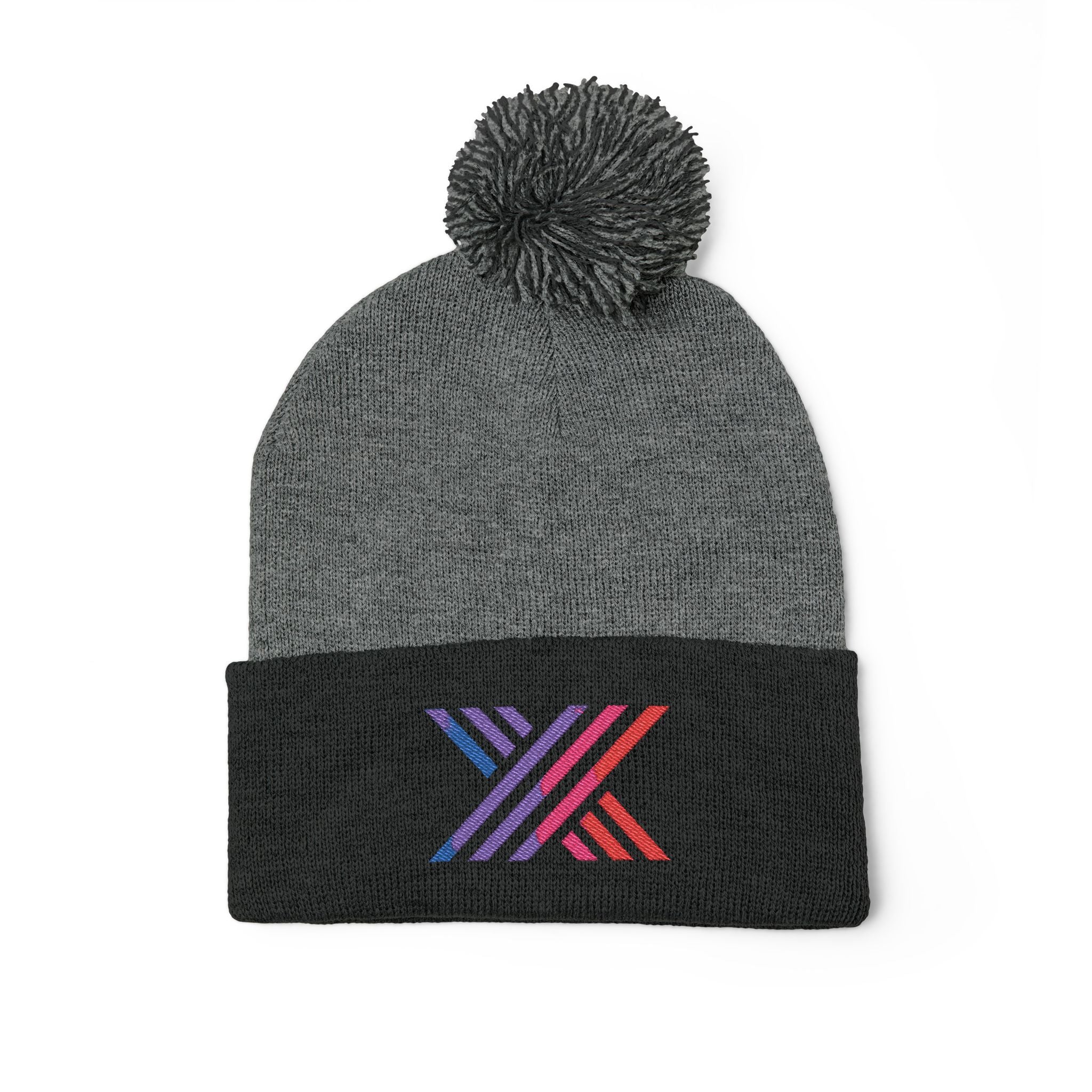 Pom-Pom Beanie — Embroidered Fold-Over Knit Hat
