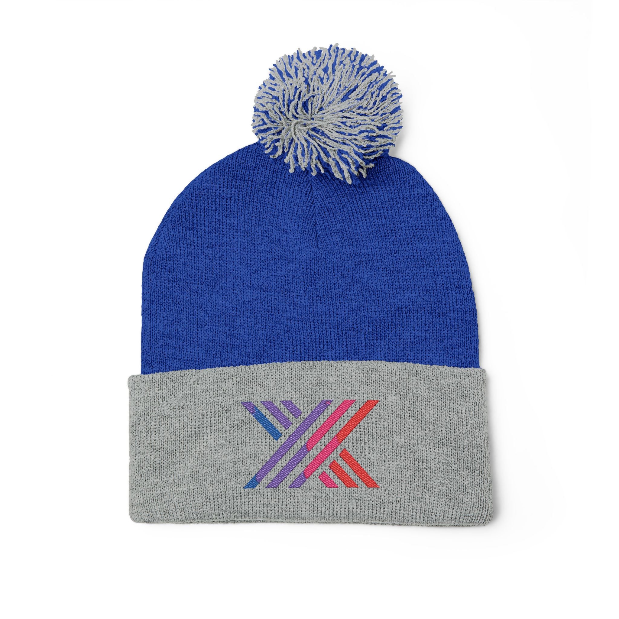 Pom-Pom Beanie — Embroidered Fold-Over Knit Hat