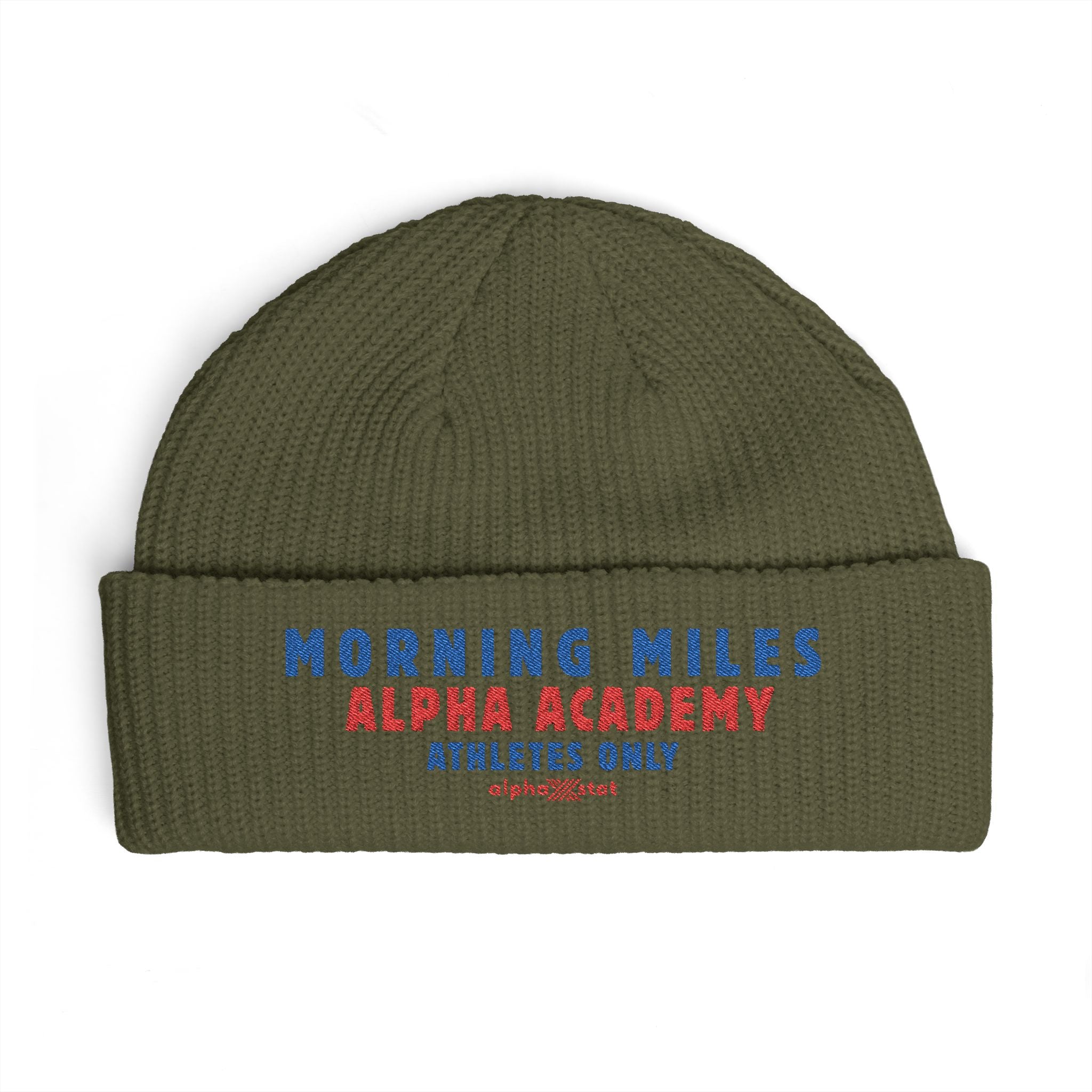 Cuff Beanie — "Morning Miles Alpha Academy" Embroidered Athletic Beanie