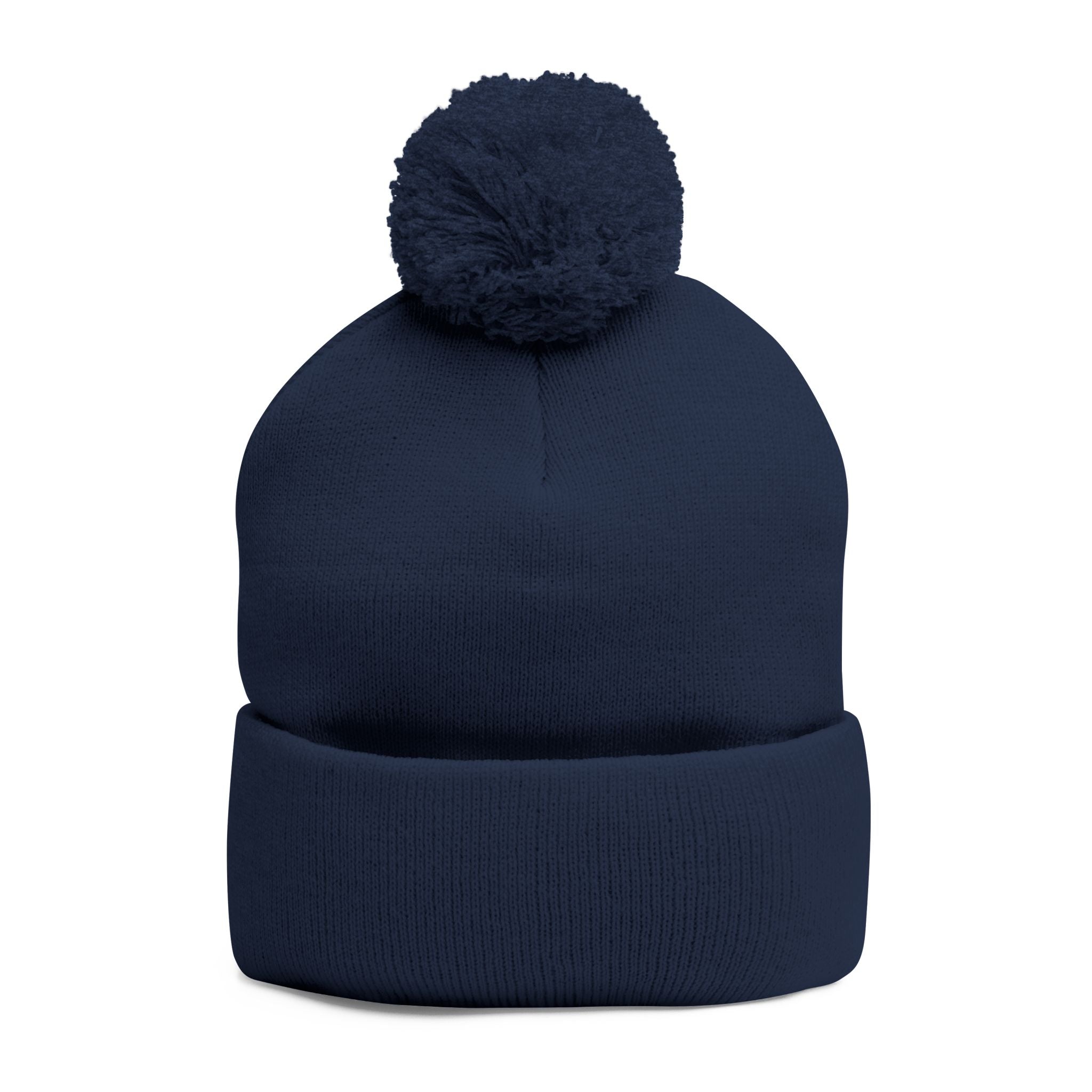 Pom-Pom Beanie — Embroidered Fold-Over Knit Hat