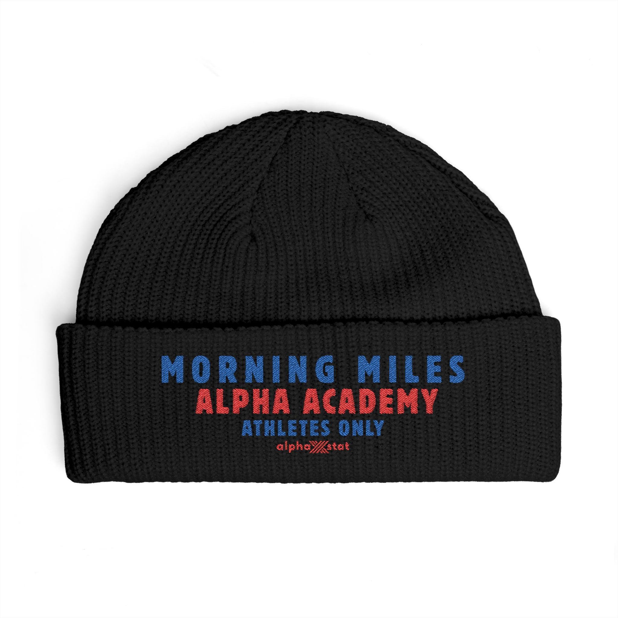 Cuff Beanie — "Morning Miles Alpha Academy" Embroidered Athletic Beanie
