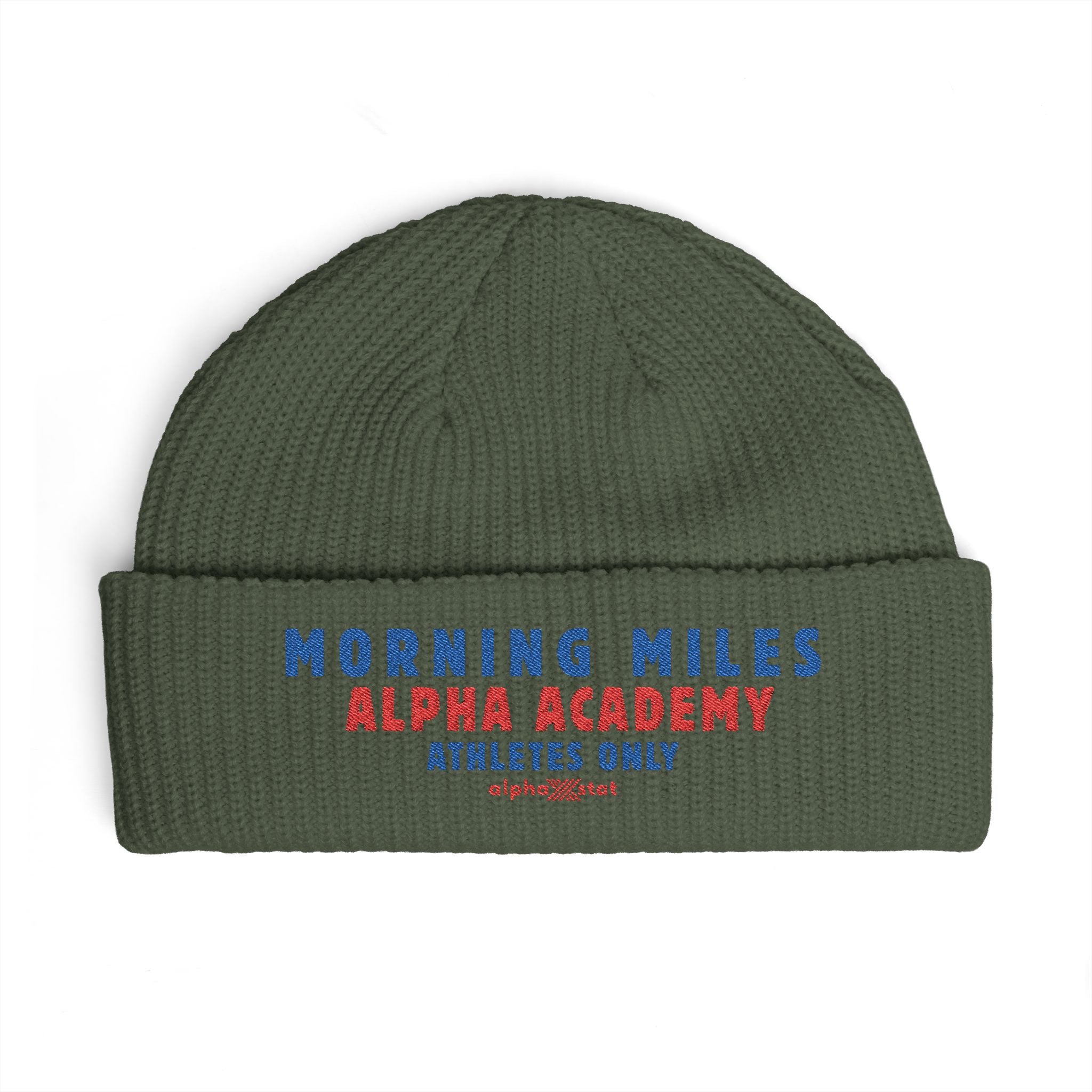 Cuff Beanie — "Morning Miles Alpha Academy" Embroidered Athletic Beanie