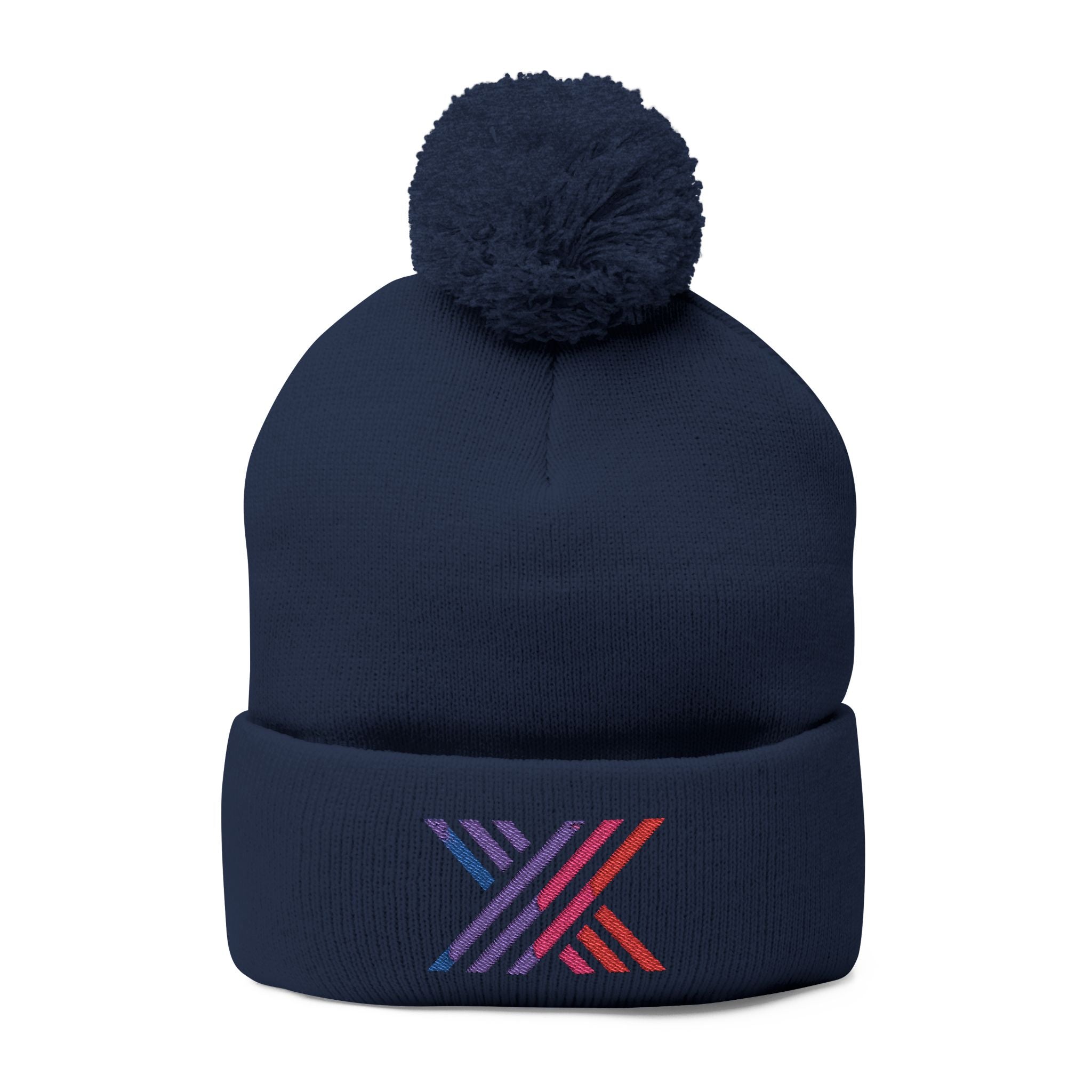 Pom-Pom Beanie — Embroidered Fold-Over Knit Hat