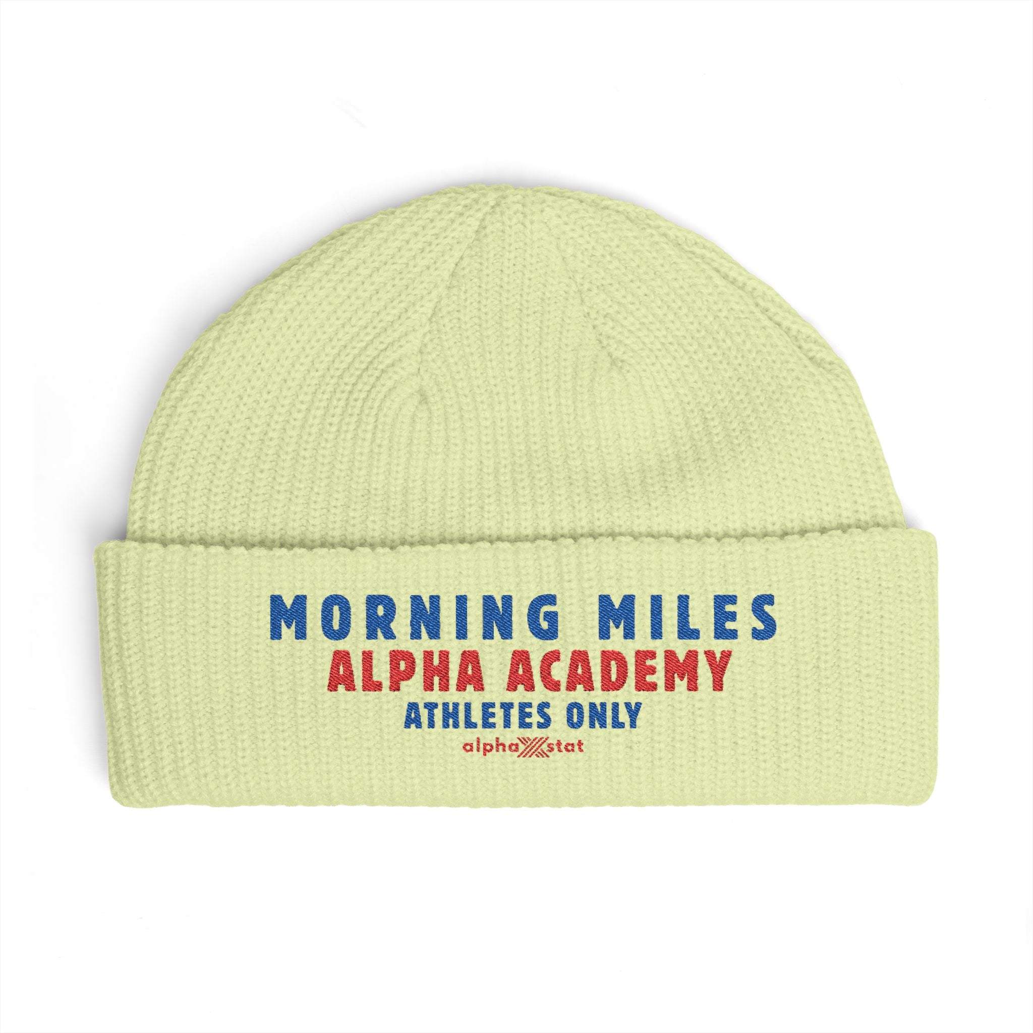 Cuff Beanie — "Morning Miles Alpha Academy" Embroidered Athletic Beanie