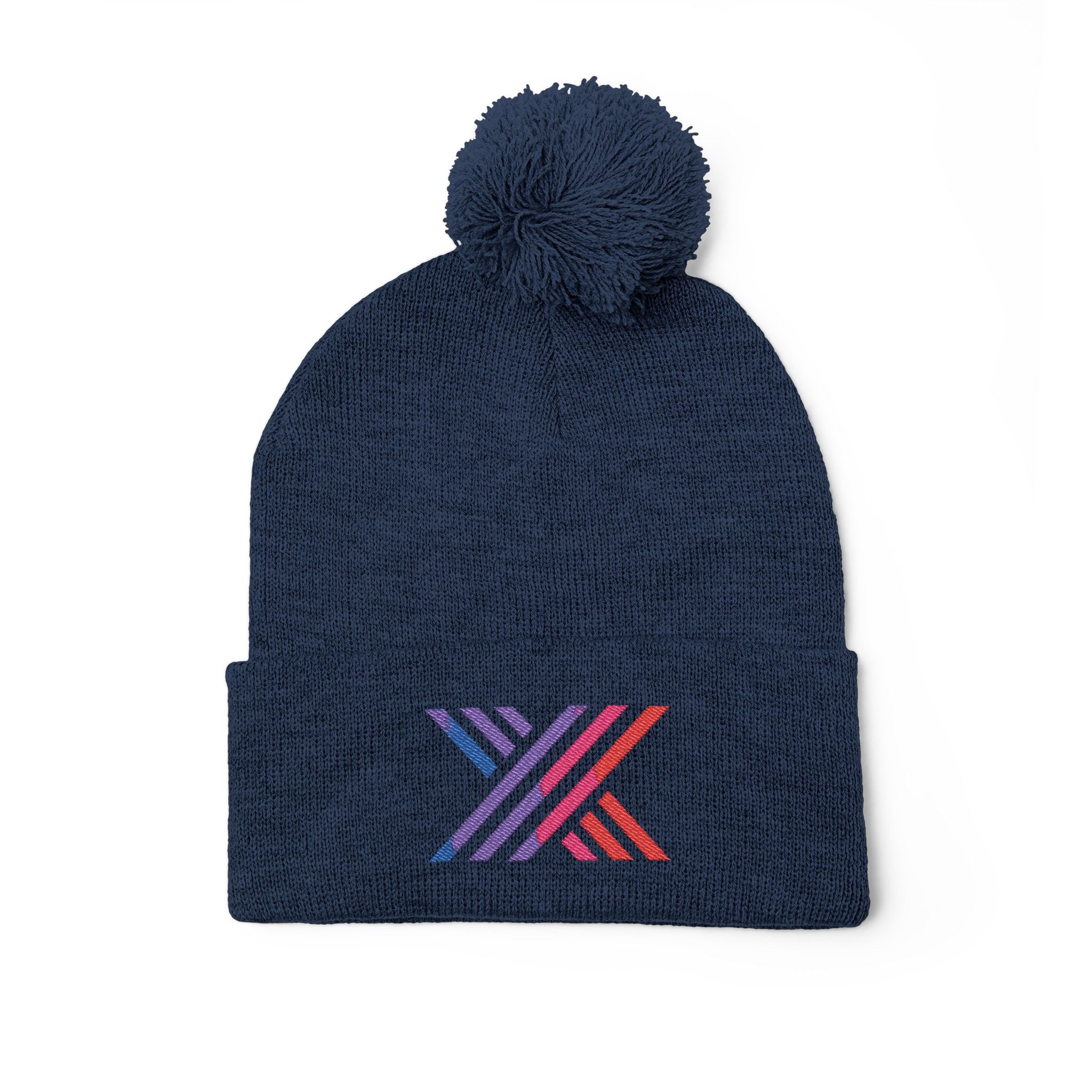 Pom-Pom Beanie — Embroidered Fold-Over Knit Hat