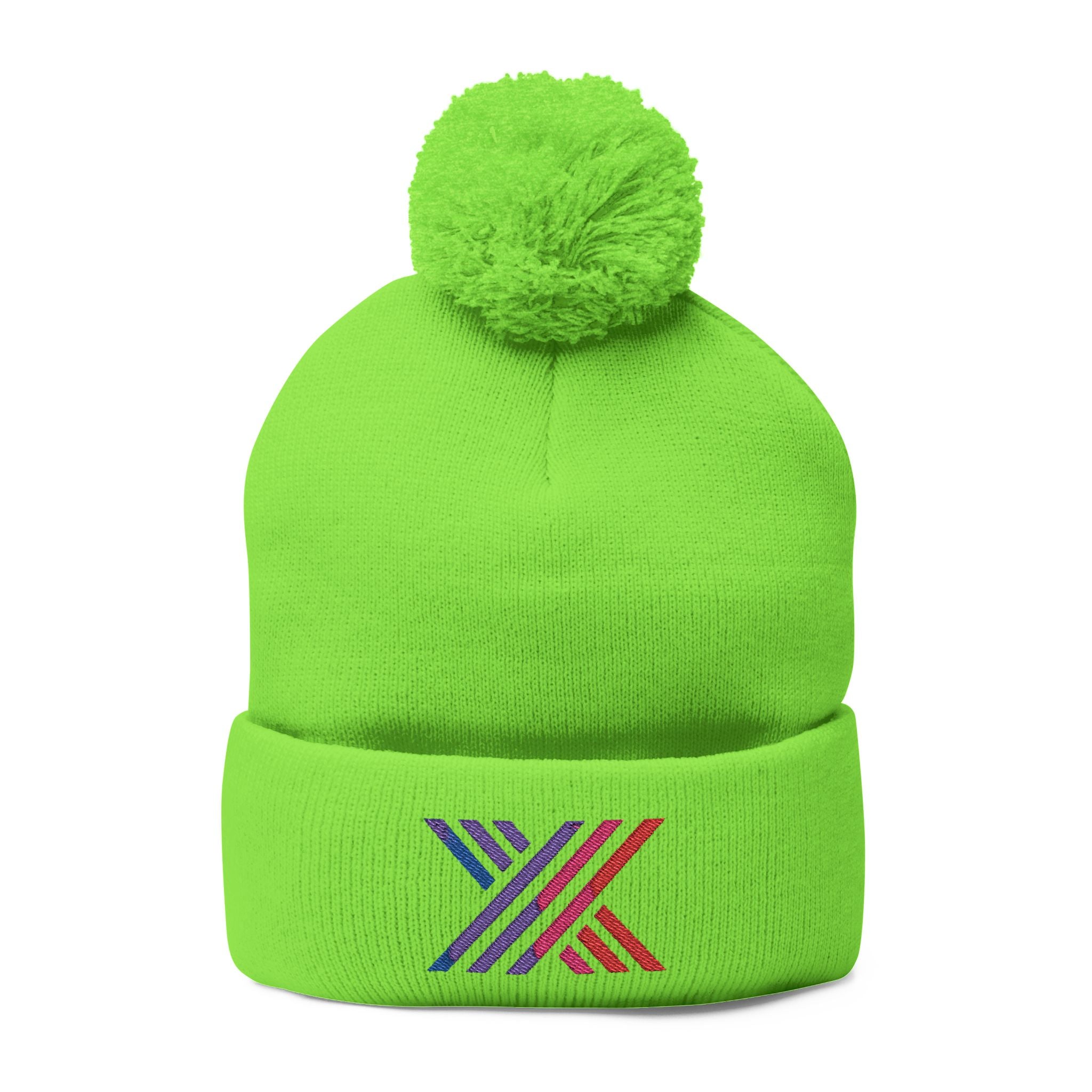 Pom-Pom Beanie — Embroidered Fold-Over Knit Hat
