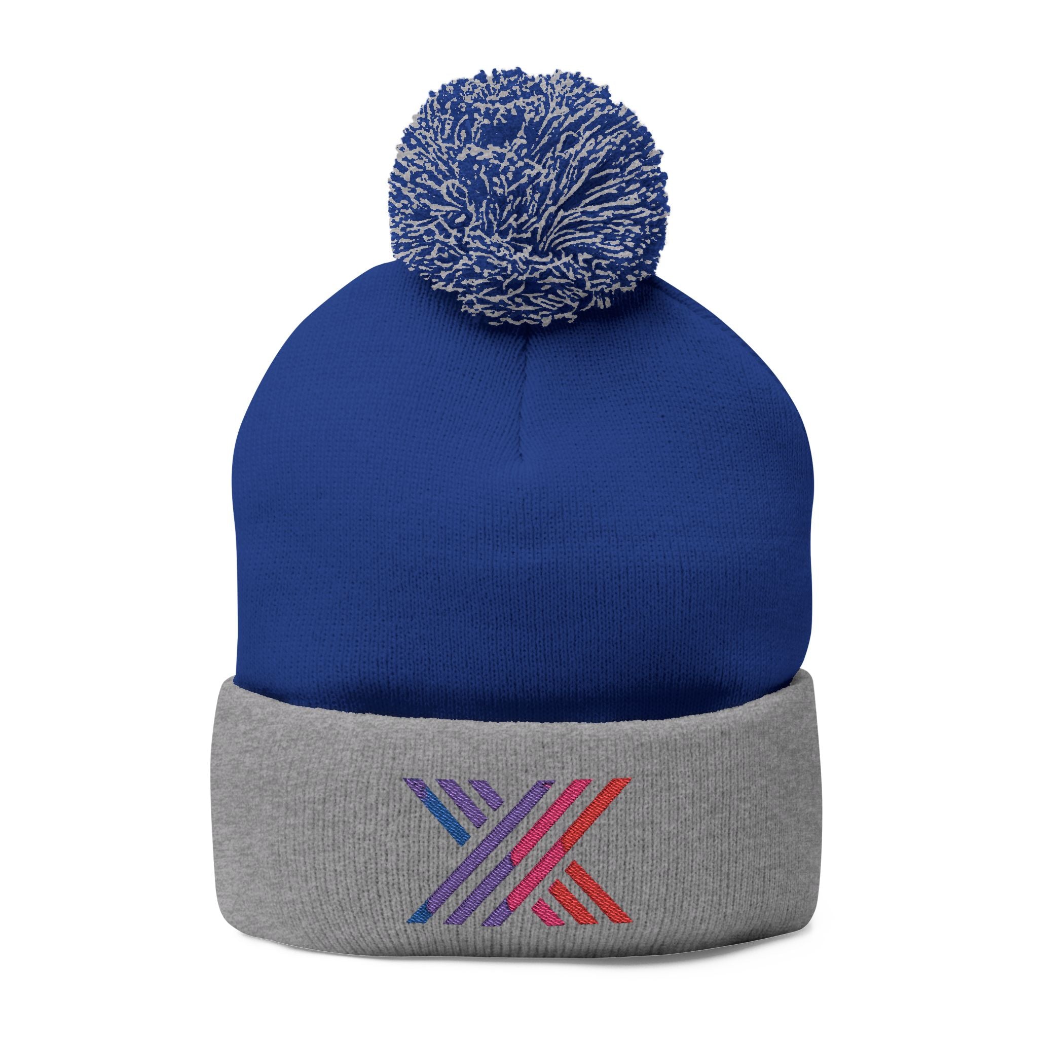 Pom-Pom Beanie — Embroidered Fold-Over Knit Hat