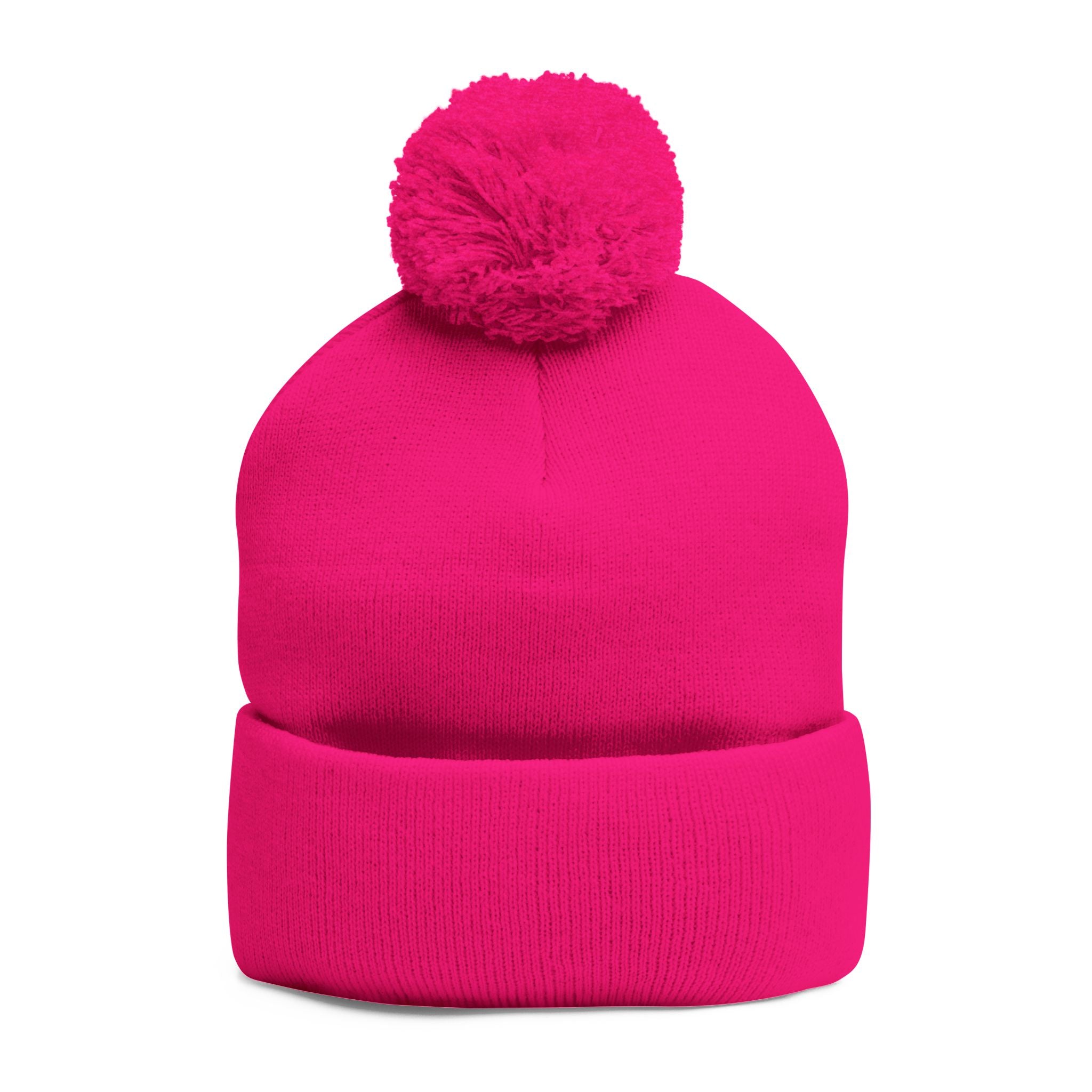 Pom-Pom Beanie — Embroidered Fold-Over Knit Hat