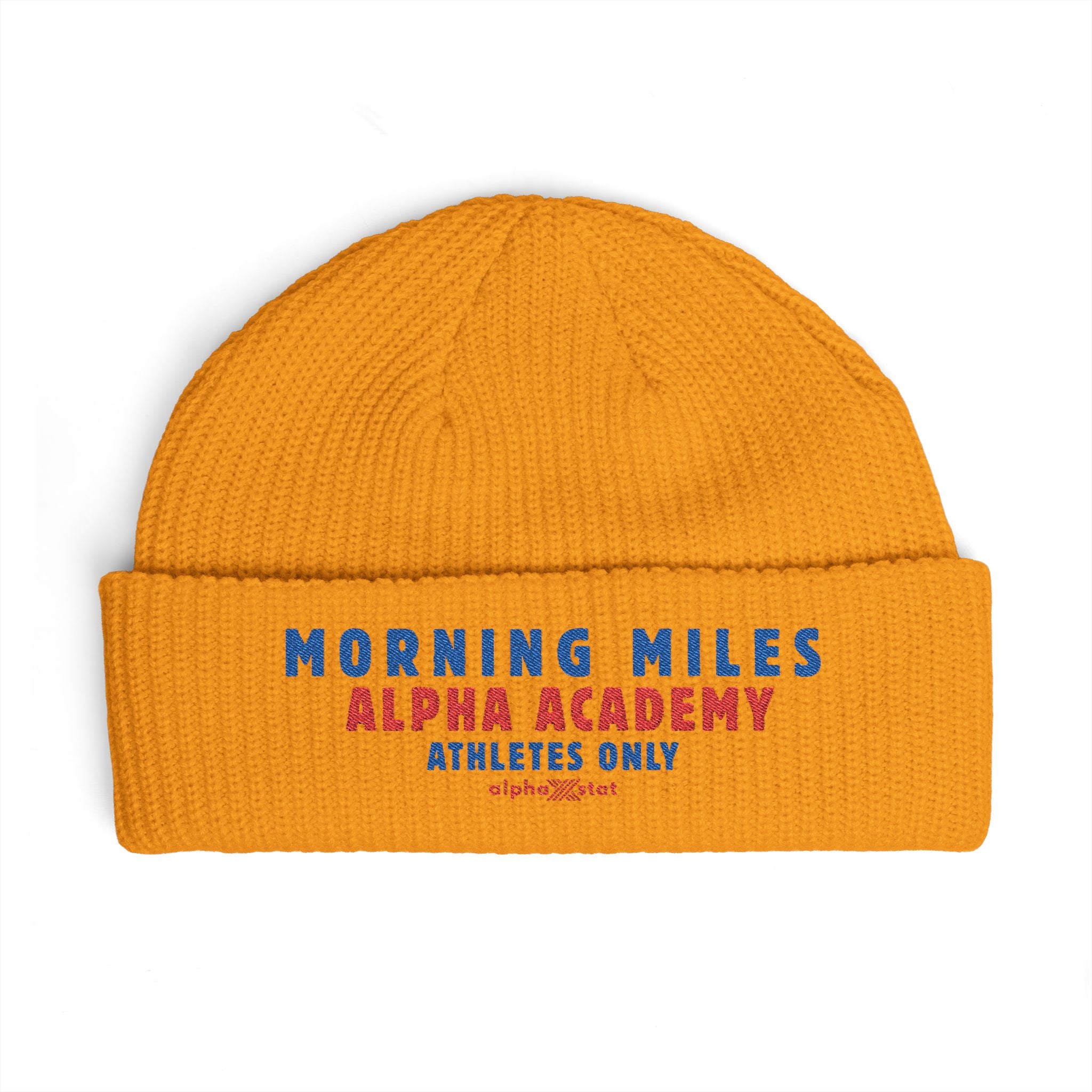 Cuff Beanie — "Morning Miles Alpha Academy" Embroidered Athletic Beanie