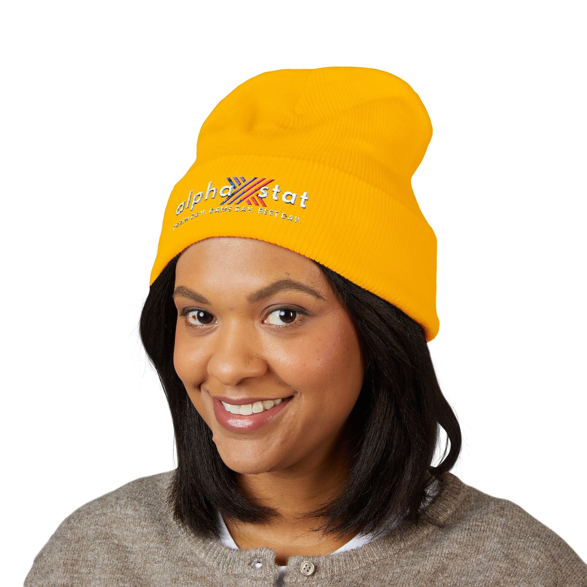 Alpha Stat Embroidered Cuffed Beanie – Bright Yellow Knit Hat